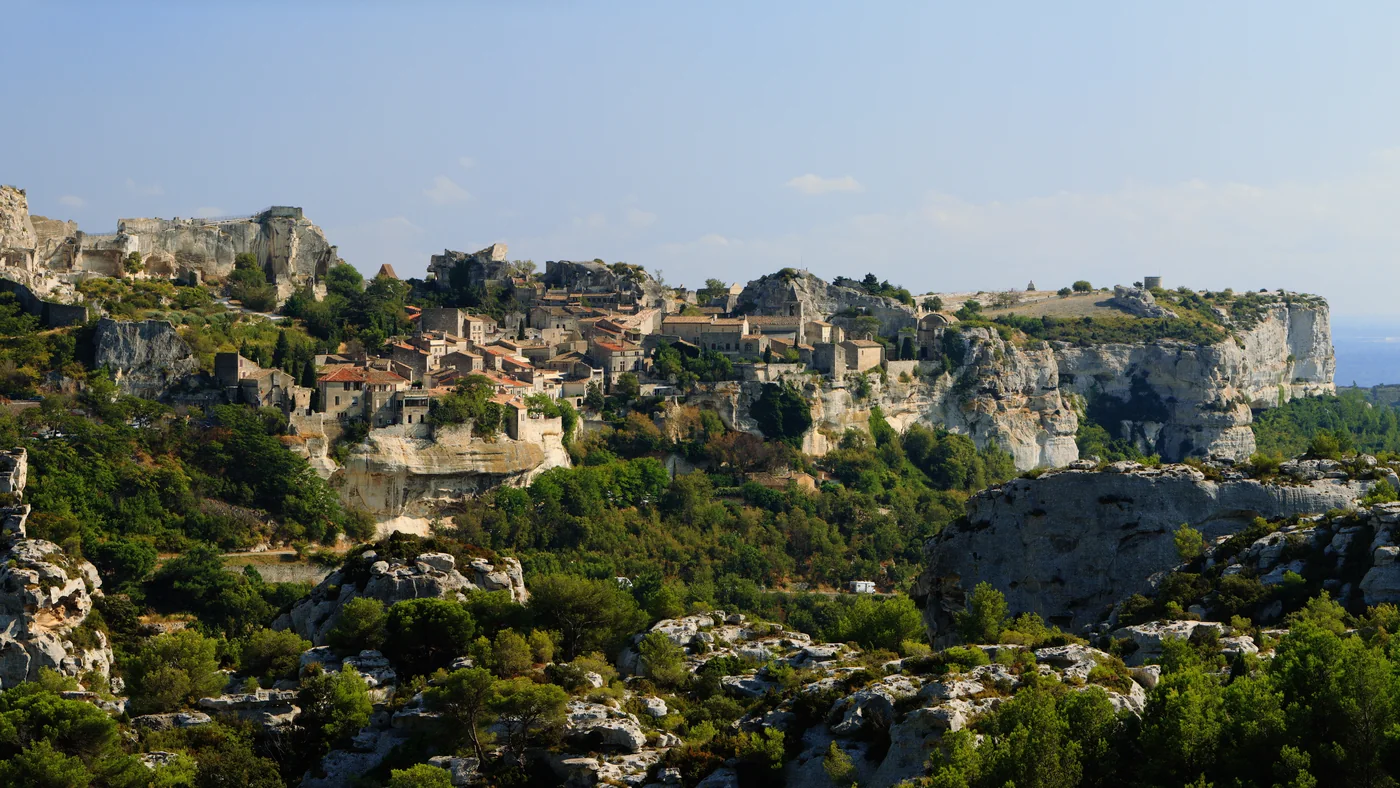 The village of Les Baux-de-Provence on its rocky outcrop, surrounded by scrubland